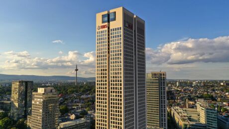 UBS Group AG logo sits on the bank's European Opera Tower (OpernTurm) headquarter skyscraper on the financial district skyline in Frankfurt, Germany