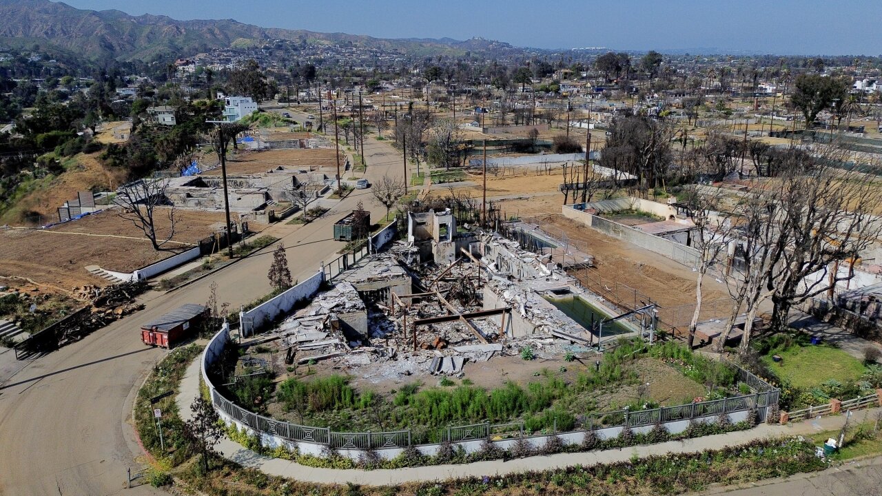 An aerial view of cleared lots and destroyed homes in the Pacific Palisades neighborhood of Los Angeles.