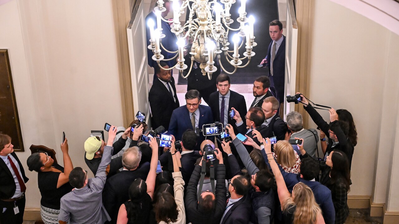 House Speaker Mike Johnson in press scrum
