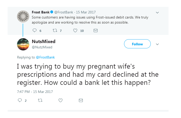 Angry customer tweet to Frost Bank