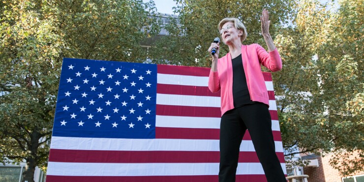 KEENE, NH - SEPTEMBER 25: Democratic presidential candidate Sen. Elizabeth Warren (D-MA) speaks during a Town Hall at Keene State College on September 25, 2019 in Keene, New Hampshire. Warren's candidacy has been surging recently, with some polls showing her leading or virtually tied with Joe Biden at the top of the Democratic field. (Photo by Scott Eisen/Getty Images) Photographer: Scott Eisen/Getty Images North America