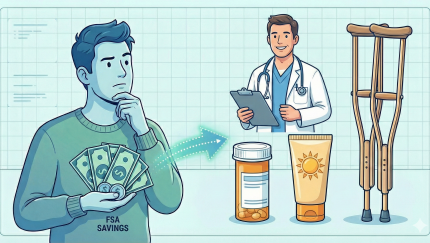 Man looking at health items holding money, deciding how to spend FSA savings