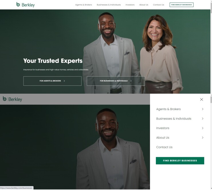 W.R. Berkley's revamped website (two views)