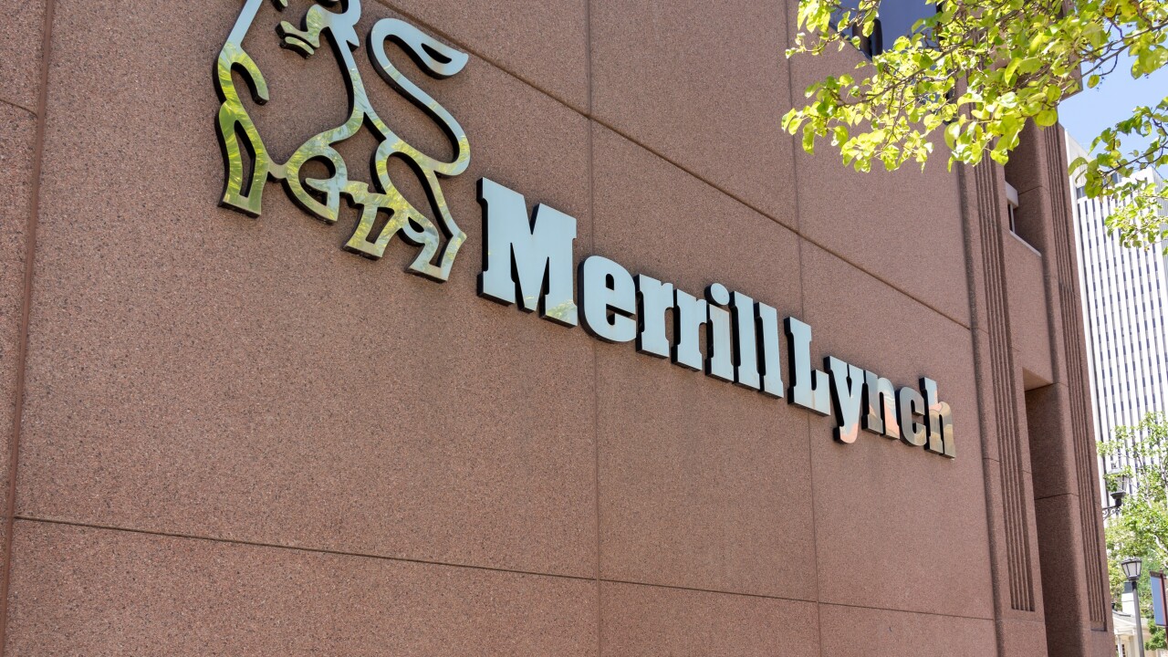 Close up of Merrill Lynch logo and sign on the building at company’s branch office in Salt Lake, Utah, USA - June 21, 2023. Merrill Lynch is a division of Bank of America.