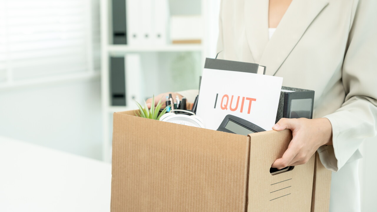 resignation, leave, quit, Stressful businesswomen will resign from the company. Female staff is lifting a brown paper box that holds personal items. , job placement and vacancies, resignation letter
