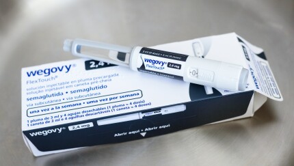 A batch of Wegovy drugs sit on a counter.