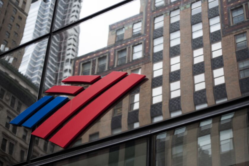 Bank of America signage is displayed at a branch in New York on April 10, 2020.