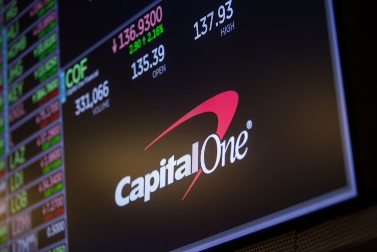 A sign for Capital One's stock at the New York Stock Exchange.