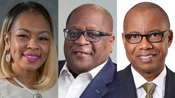 Stephanie Herring, left, and Gregory Jones, center, oversee diversity and inclusion efforts at Dollar Bank and KeyBank, respectively. Kenneth Kelly is CEO at First Independence Bank in Detroit and chairs the National Bankers Association, a trade group that represents minority- and women-owned banks.