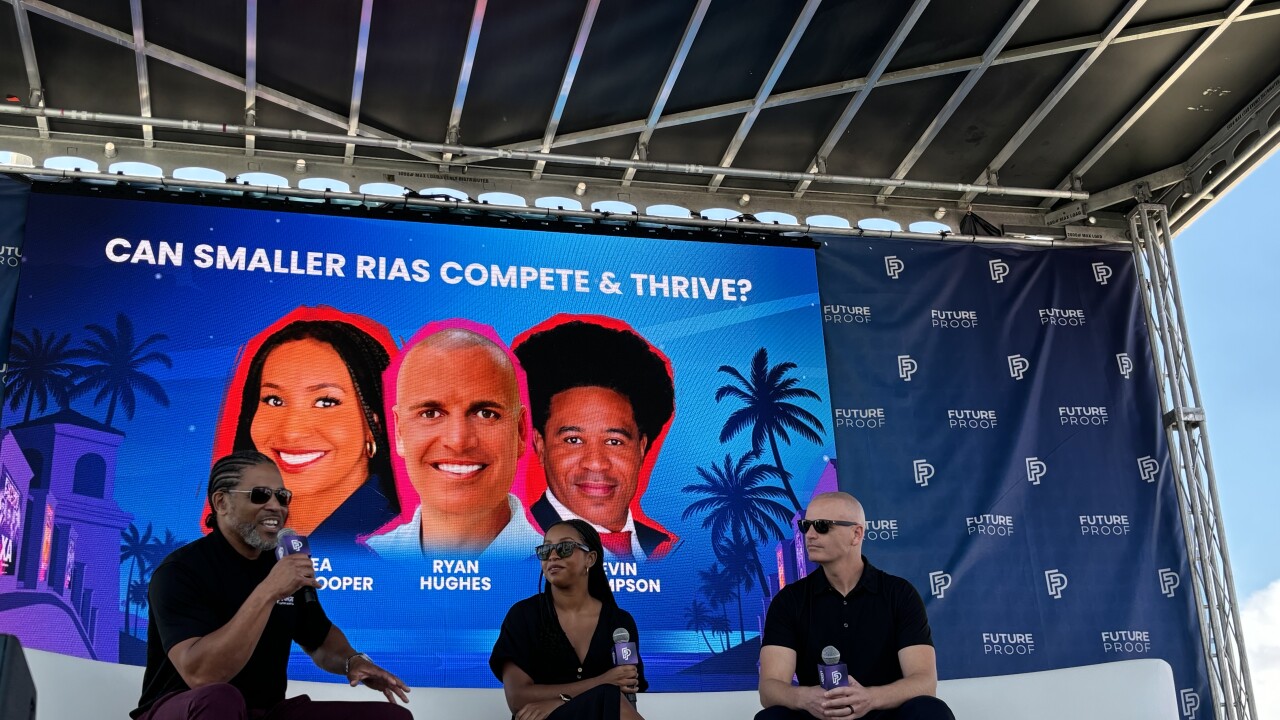 From left to right, Kevin Thompson of 9I Capital Group, Chelsea Ransom-Cooper of Zenith Wealth Partners and Ryan Hughes of Bull Oak spoke in a panel at this week’s Future Proof conference in Huntington Beach, California.
