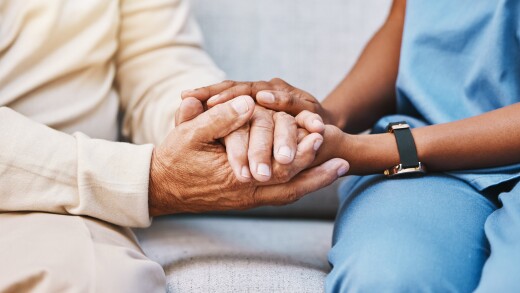 Nurse, hands and senior patient in empathy, safety and support of help, trust and healthcare consulting. Nursing home, counseling and gratitude for medical caregiver, client and hope in consultation.