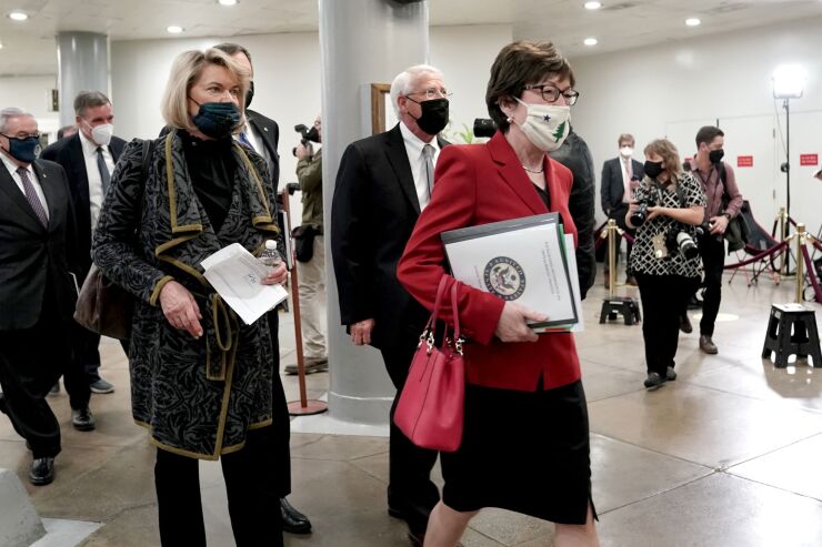 Cynthia Lummis of Wyoming, left, and Susan Collins of Maine, right, were among three Senate Republicans voting with Democrats to overturn the OCC’s so-called true lender rule. The “valid-when-made rule will continue to provide legal clarity to federal and state banks,” Lummis said on the Senate floor Tuesday night.