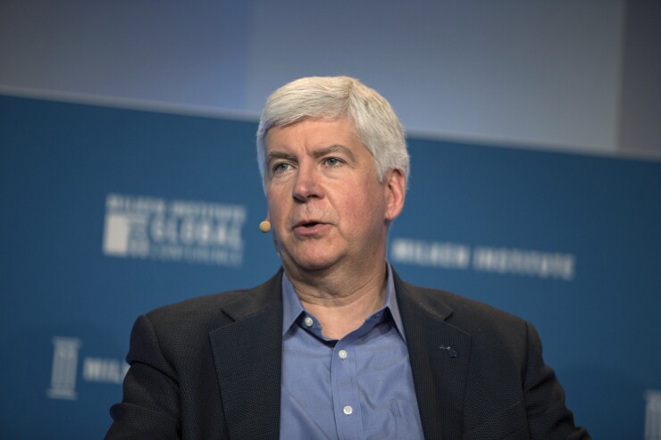 Rick Snyder, governor of Michigan, speaks during the Milken Institute Global Conference in Beverly Hills, California, U.S., on Monday, April 30, 2018.