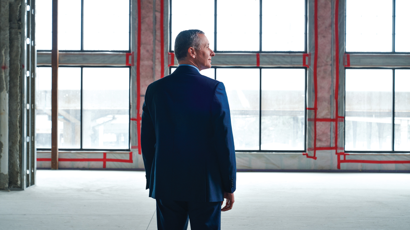 M&T Bank CEO René Jones surveys construction of the bank's new technology hub in Buffalo.
