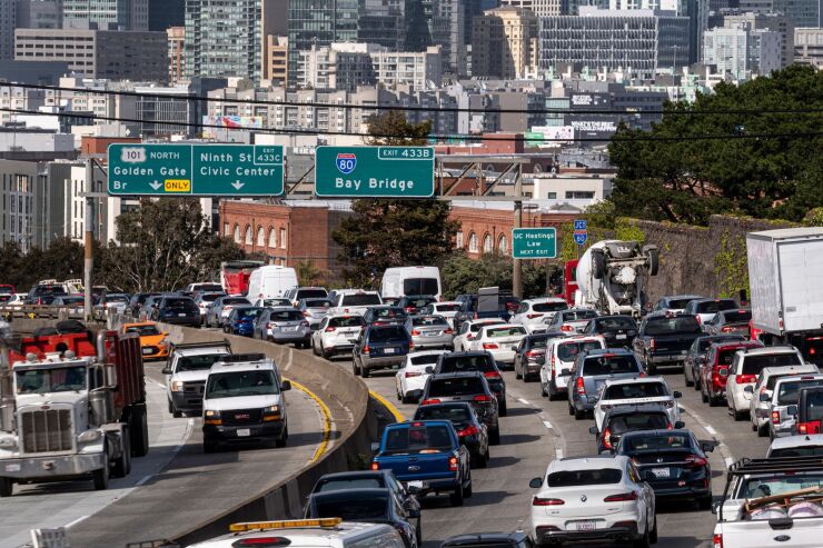 Vehicles on Highway 101 in San Francisco, California, U.S., on Tuesday, March 29, 2022. California Governor Gavin Newsom's proposal to give $400 to every car owner to offset record-high gasoline prices has prompted criticism that it undercuts the states aggressive climate goals. Photographer: David Paul Morris/Bloomberg