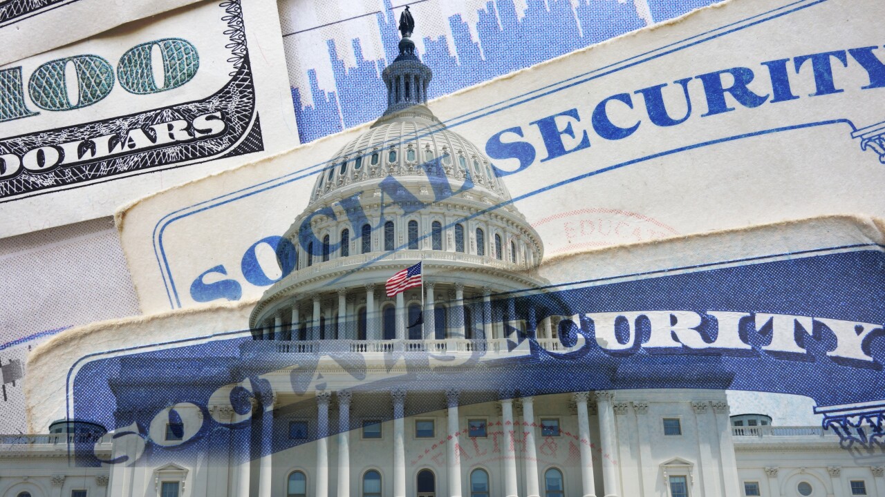 United States capitol in Washington DC with a Social Security card and money