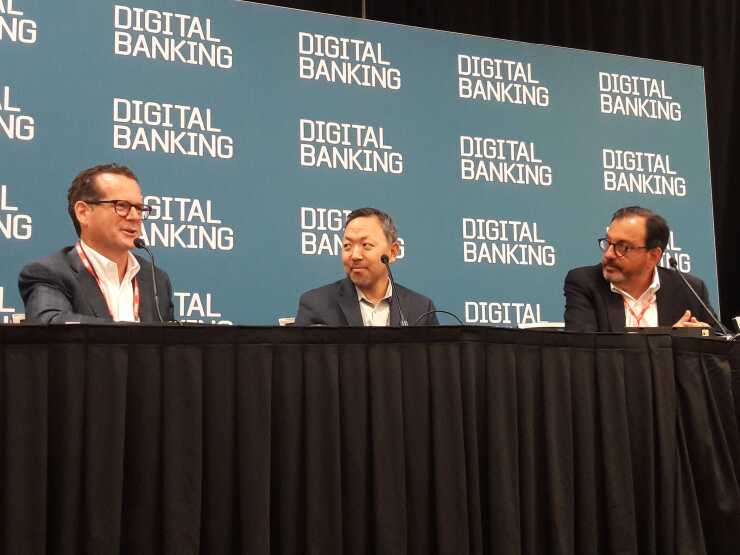 From left: Joe Salesky, CEO of CRMNEXT, moderated a panel during the Credit Union Summit at SourceMedia's 2019 Digital Banking conference in Austin, Texas. The panel included remarks from Mike Randal, COO of Silver State Schools CU (center) and Phil Salis, SVP of member engagement and chief banking officer at Alliant Credit Union.