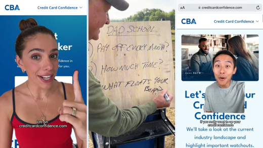 Three stills from social media influencer campaigns created for the Consumer Bankers Association's Credit Card Confidence website and campaign