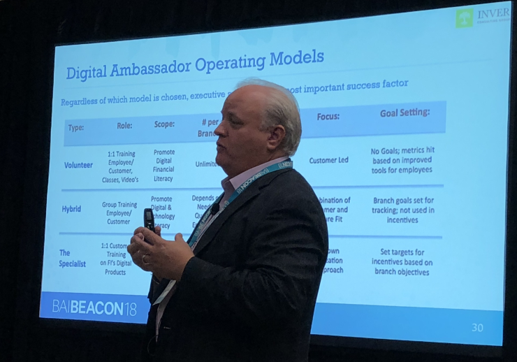 Thomas P. McDermott, managing partner at Inver Consulting Group, promoted the idea of a branch digital ambassador at this year’s BAI Beacon conference in Orlando, Fla.