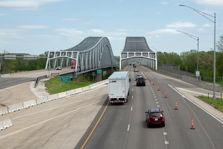 A lane is closed for Missouri DOT repairs to the U.S. Highway 54 bridge over the Missouri River in Jefferson City, Missouri, in April 2019.