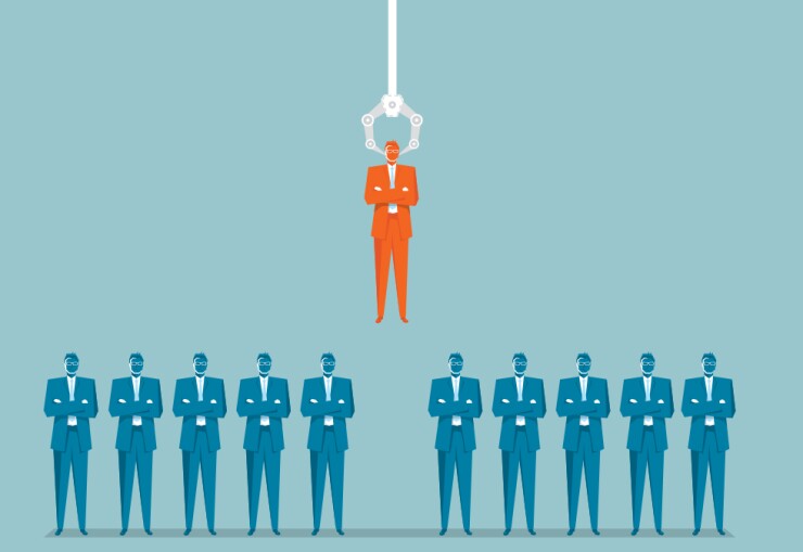 Illustration showing an oversized robotic claw reaching down and plucking an employee from a line of employees.