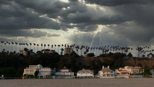 Coastal homes, lightning storm