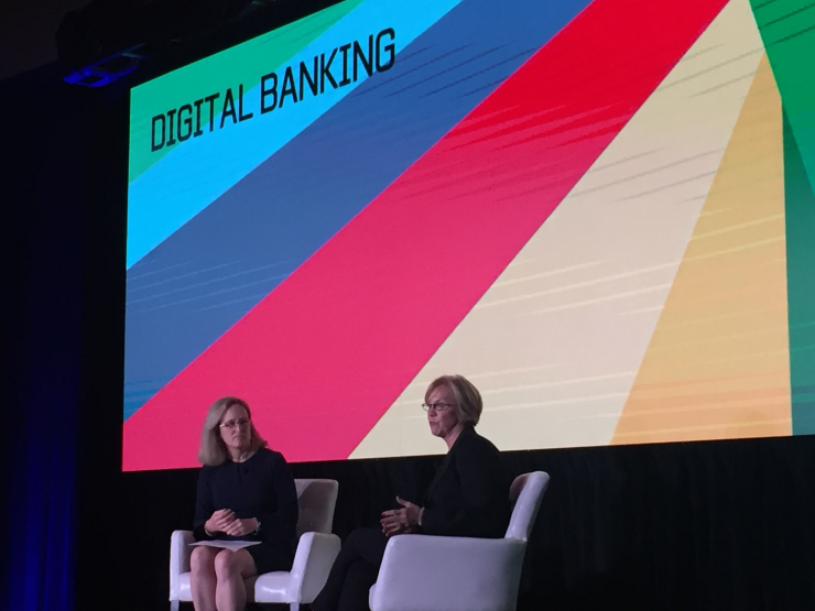 At American Banker’s Digital Banking conference, American Banker Editor At Large Penny Crosman (l.) hosted a discussion with Cathy Bessant, Bank of America’s chief technology and operations officer.