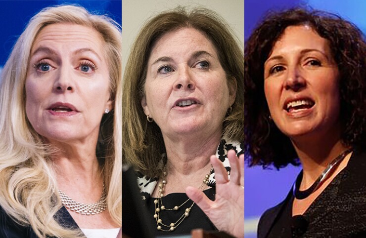 From left: Fed governors Lael Brainard and Esther George, and Rebecca Romero Rainey of the ICBA.