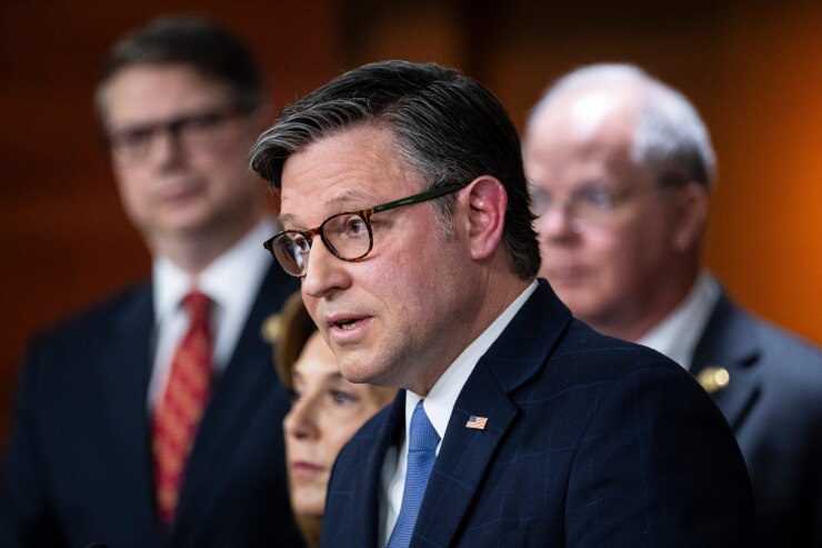 House Speaker Mike Johnson, a Republican from Louisiana, during a news conference at the U.S. Capitol