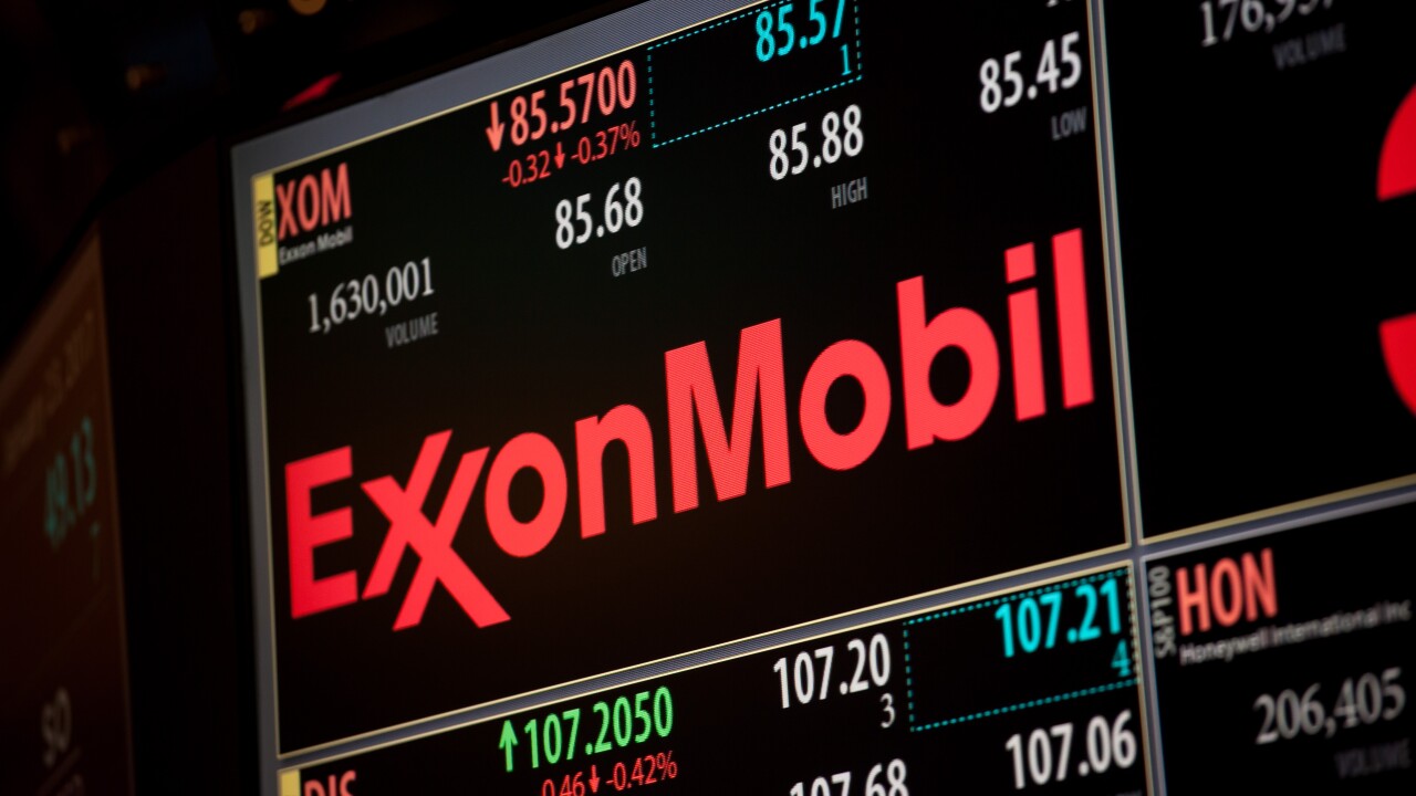 Exxon Mobil Corp. signage on the floor of the New York Stock Exchange in New York on Jan. 23, 2017.