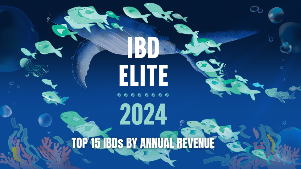 Much smaller fish swim around a whale in the background illustration with the title, "IBD Elite 2024: Top 15 IBDs by Annual Revenue"