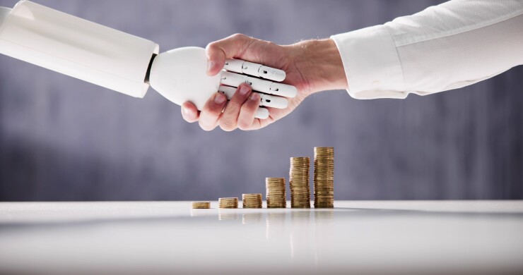 Robot shaking hands with human businessperson over increasingly tall row of coins