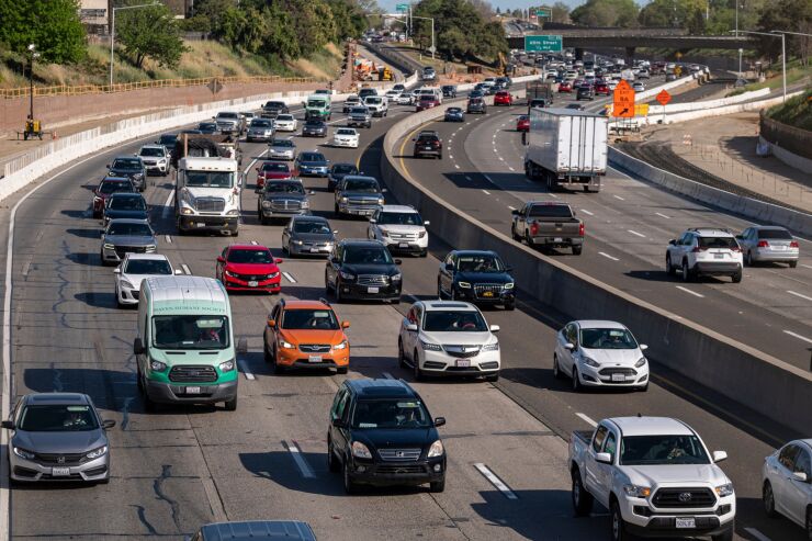 Traffic on Highway 50 in Sacramento, California, U.S., on Thursday, March 24, 2022. California Governor Gavin Newsom is proposing to send car owners $400 debit cards and partially pause gasoline taxes to address high gas prices. Photographer: David Paul Morris/Bloomberg.