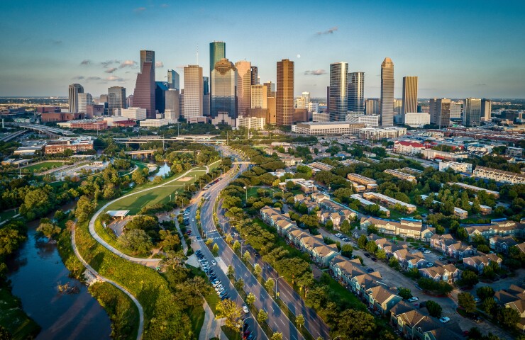 The skyline of Houston at sunset