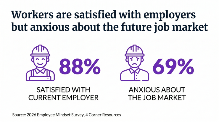 Comparison of worker views: 88% satisfied with employer (smiling icon), 69% anxious about job market (frowning icon).