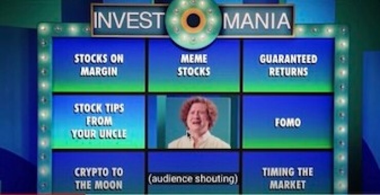 The SEC's "Investomania" consumer awareness campaign, here in a still on YouTube, aims to stamp out risky and naive financial decisions.