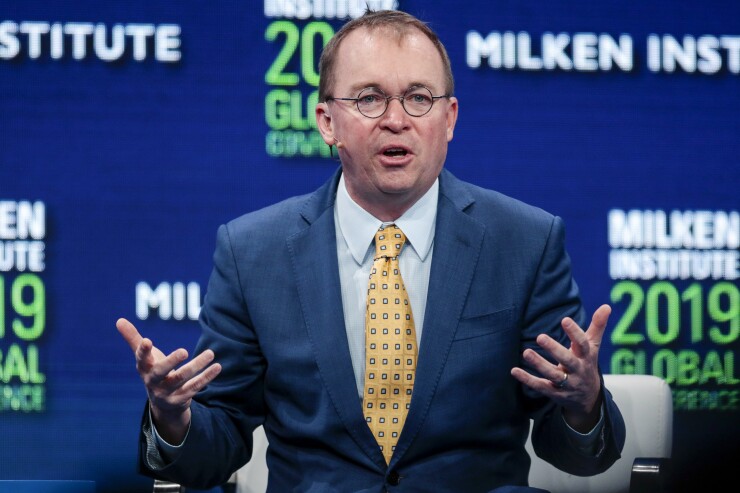 Mick Mulvaney, acting White House chief of staff, speaks during the Milken Institute Global Conference in Beverly Hills, California, U.S., on Tuesday, April 30, 2019.