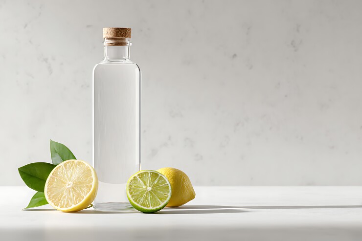 A bottle of water sits on a table.