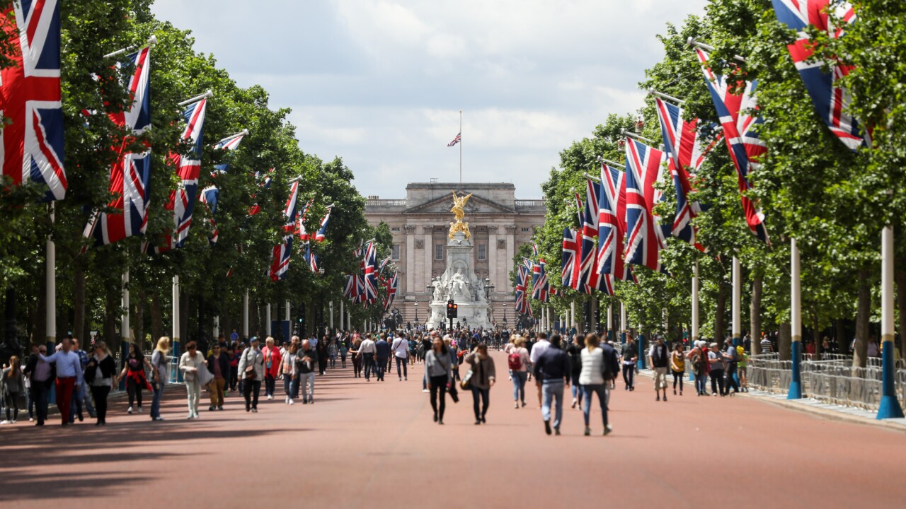 Buckingham palace with English flags