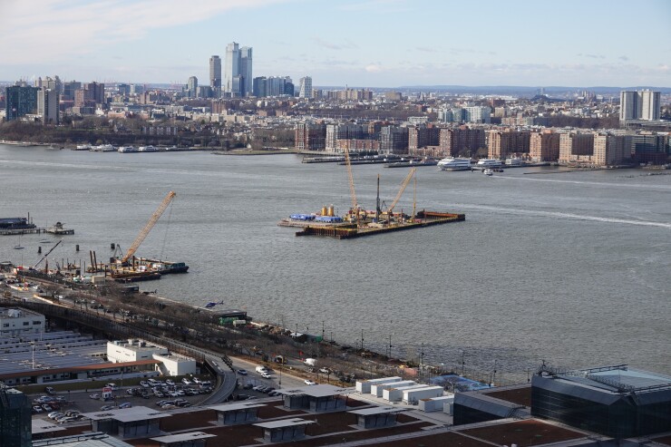 Ground stabilization work in the Hudson River as part of the Gateway Hudson Tunnels project.