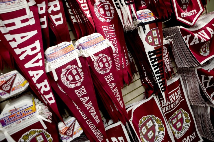 Harvard University pennants on sale at the Harvard Cooperative Society in Cambridge, Massachusetts