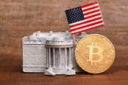 white house chip us with flag and bitcoin coin.Concept of us taking over the world crypto market