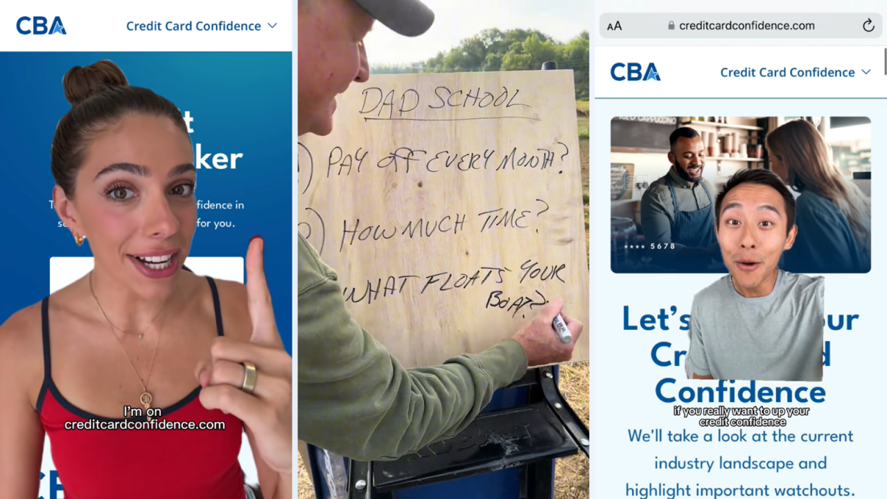 Three stills from social media influencer campaigns created for the Consumer Bankers Association's Credit Card Confidence website and campaign