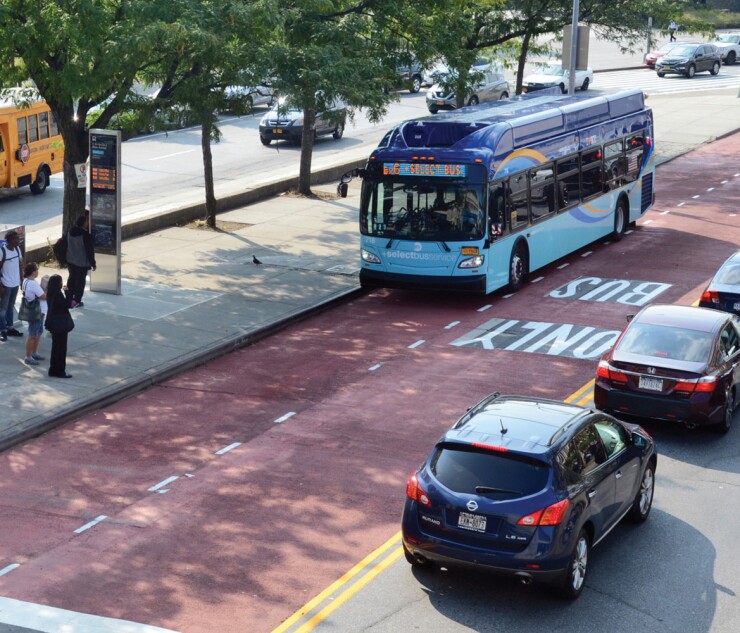 An MTA bus in a dedicated bus lane in New York City