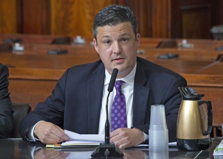Seth Myers at a New York City Council hearing about the planned Brooklyn-Queens streetcar on May 30, 2019.