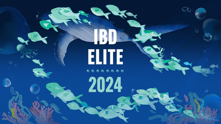 The title of the feature "IBD Elite 2024" appears in the middle of a school of smaller fish swimming around a giant whale