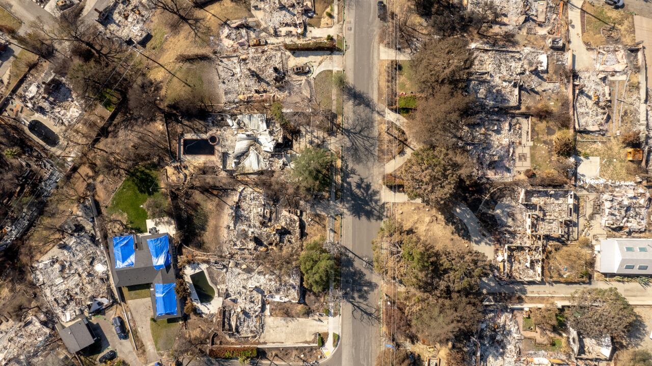 An aerial view of homes destroyed in the Eaton Fire in Altadena, California, US, in February.
