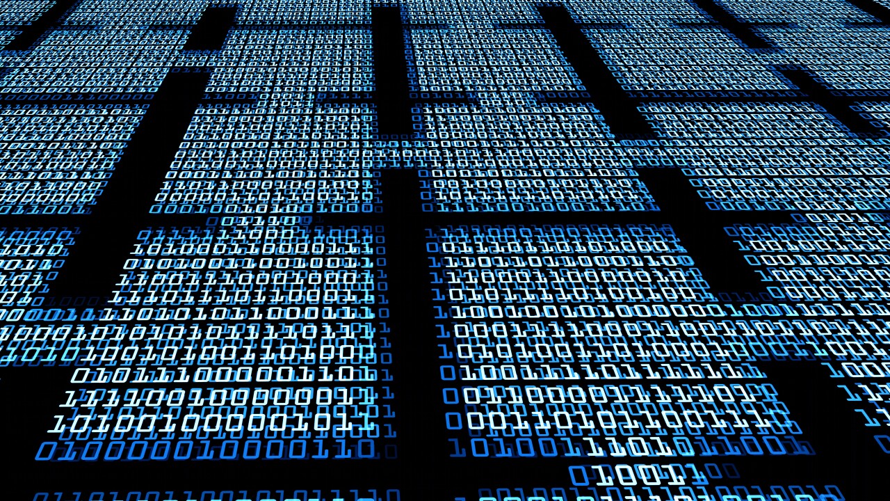 Abstract illustration of a blockchain, showing blocks of binary code (1s and 0s) linked together.