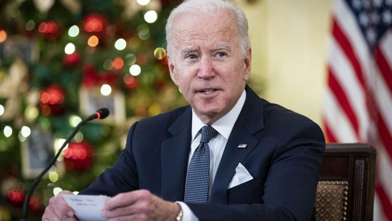 U.S. President Joe Biden speaks while meeting with members of the White House Covid-19 Response Team on the Omicron variant in the State Dining Room of the White House in Washington, D.C., U.S., on Thursday, Dec. 9, 2021. Covid-19 hospital admissions are rising quickly in many parts of the eastern U.S., including New Jersey and Connecticut, two weeks after U.S. residents gathered for the Thanksgiving holiday. Photographer: Al Drago/Bloomberg