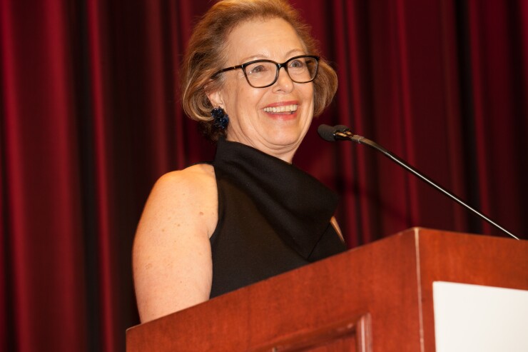 Marian Zucker, former President of the Municipal Forum of New York, speaks at its annual Awards Dinner, a fundraiser for its Urban Fellows Program that helps graduating New York City high school seniors who are interested in careers in public finance.